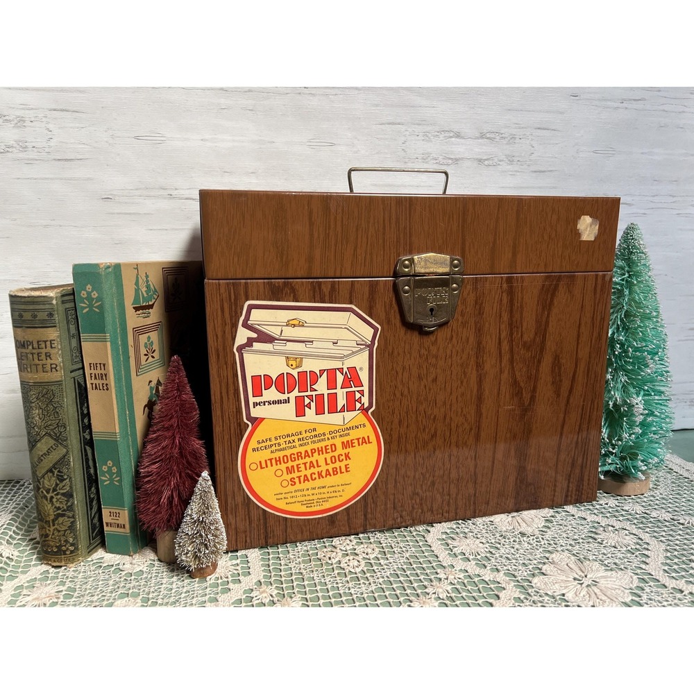 Vintage Wood Grain Litho Portafile Metal Box * Ballonoff * Ohio  Woodgrain File